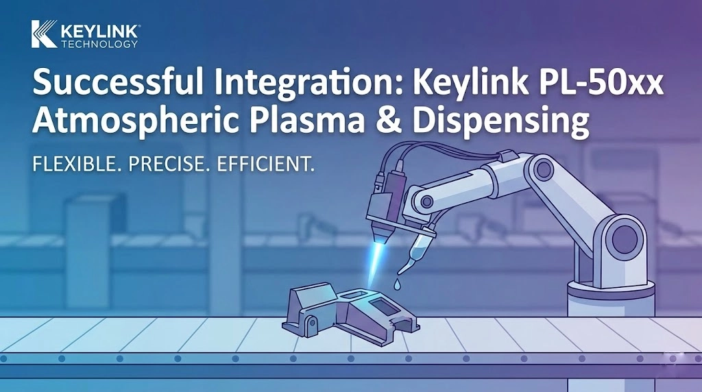 Illustrative Infografik des Keylink PL-50xx Atmosphärenplasmasystems, das in eine Produktionslinie mit einem Dosierroboter integriert ist.